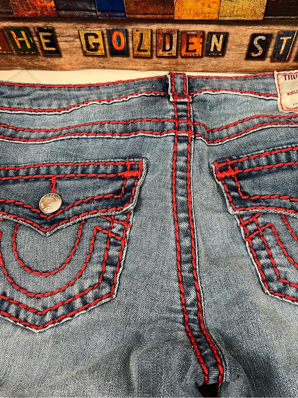 True Religion Jeans, Blue with Red Stitching, Becca mid rise bootcut, Women’s 29